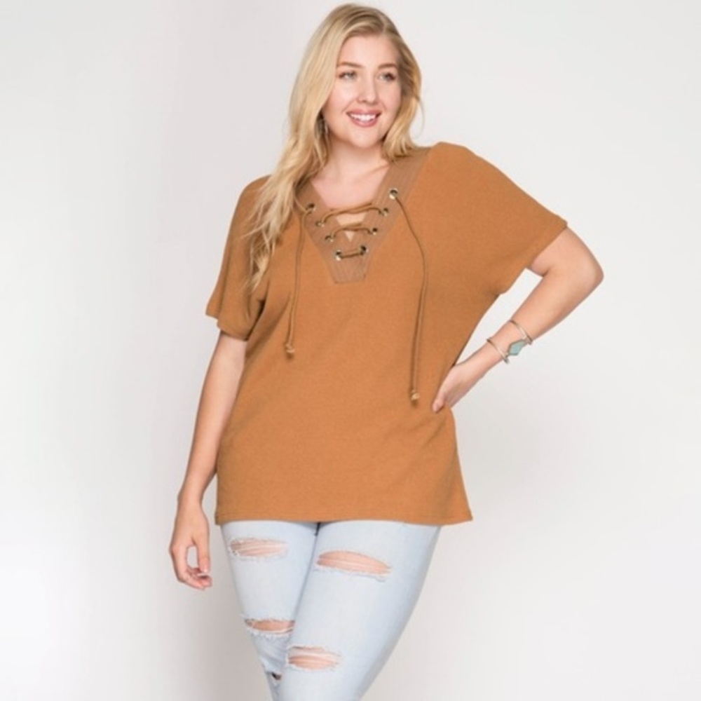 Faux Suede V NECK BAND AND LACE-UP FRONT TOP PLUS SIZE TAN CAMEL COLOR SZ 1X